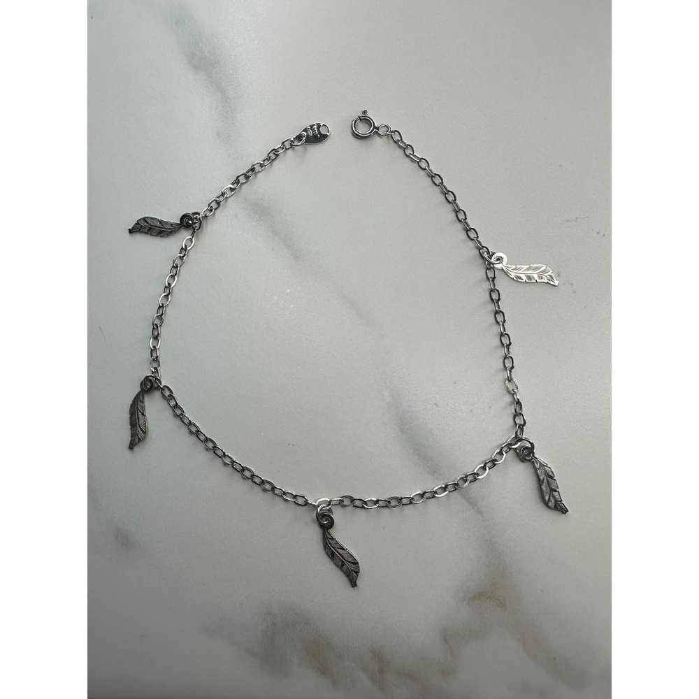 Mexico 925 Sterling Silver Feather Charm Anklet 9.5 Inch Boho Cable Chain